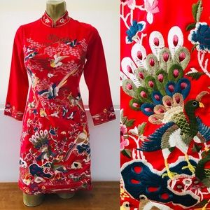 Heavily-EMBROIDERED Bird Theme CHINOISERIE Dress S